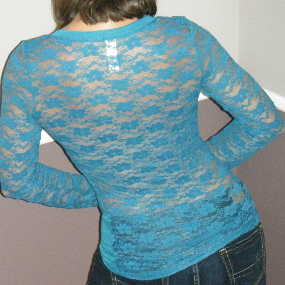 Lace Back Sleeve V-Neck Burgundy Teal Green 0139 - Picture 5 of 5